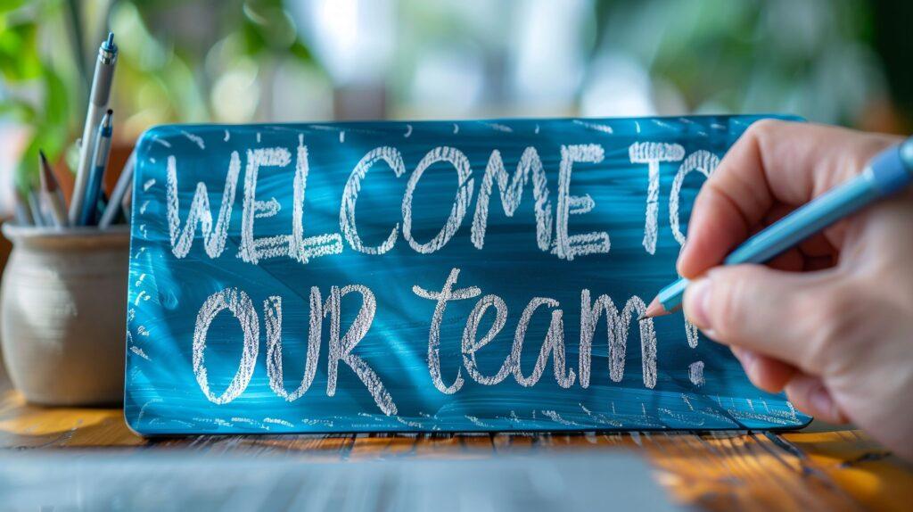 Eine Hand schreibt 'Welcome to our team!' auf eine Tafel. Das Bild symbolisiert den Start des Onboarding-Prozesses und die Integration neuer Mitarbeiter, unterstützt durch E-Learning Content.