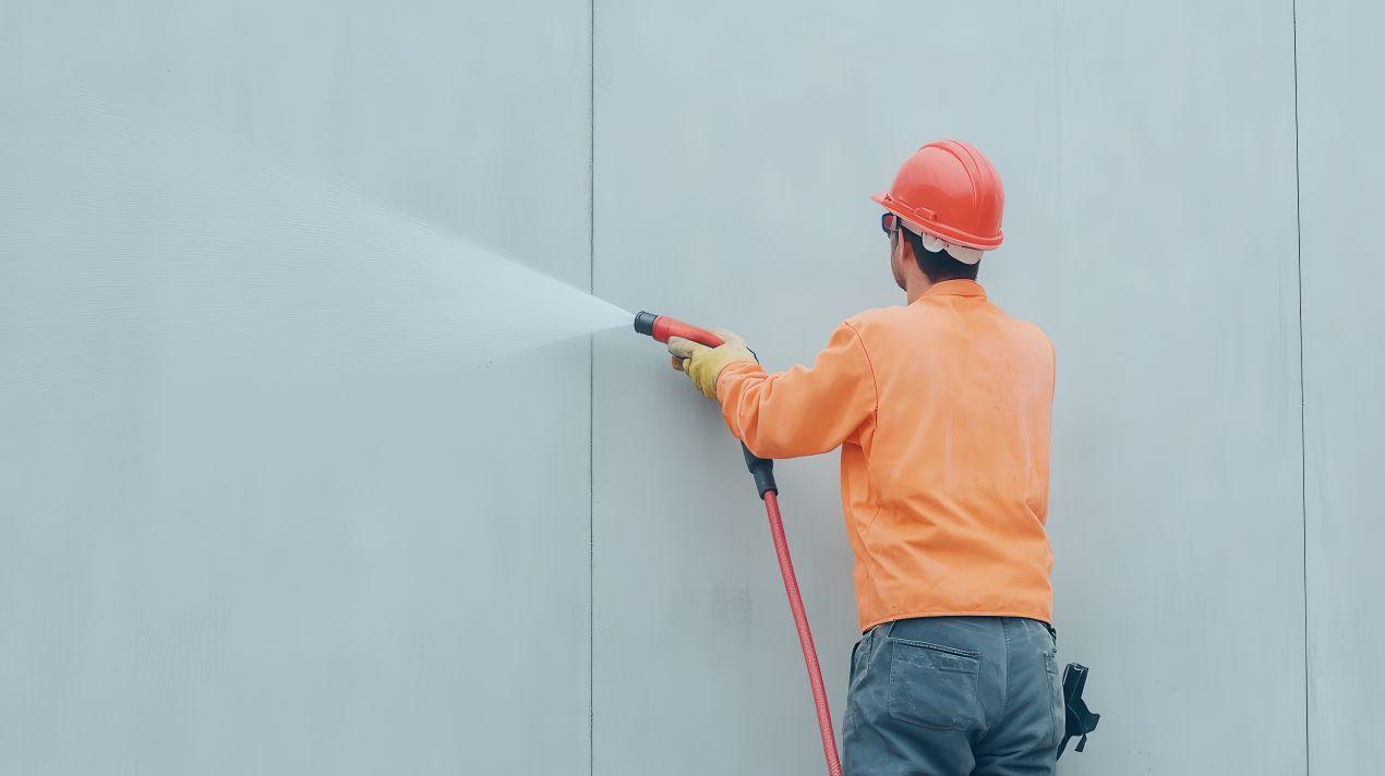 Arbeiter in Schutzkleidung reinigt eine Fassade mit einem Hochdruckreiniger in Bochum, Teil professioneller Gebäudereinigungsleistungen.