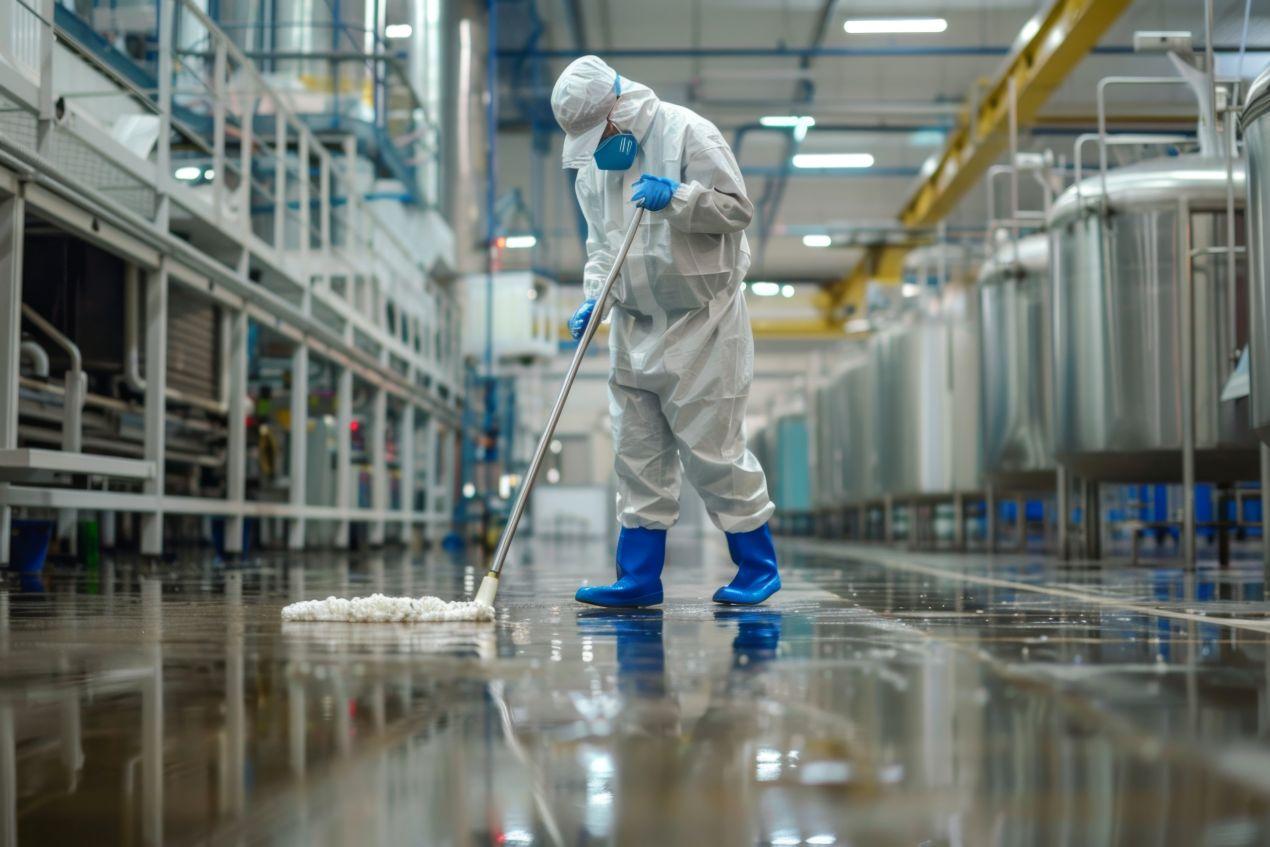 Mitarbeiter in Schutzkleidung reinigt den Boden einer Industrieanlage in Bochum mit modernen Reinigungstechniken.