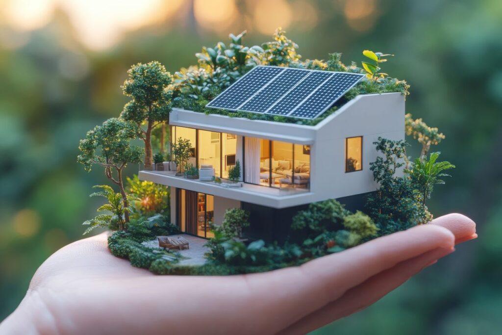 Miniaturhaus mit Solarpanel auf einer Hand, umgeben von Pflanzen – Symbol für autarkes Wohnen mit erneuerbarer Energie und Trockentrenntoilette